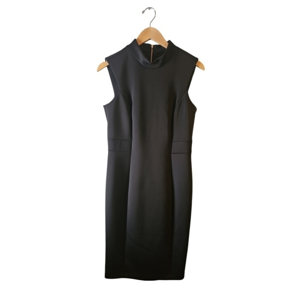 Calvin Klein black mockneck scuba sheath Sleeveless Dress gold details sz 10 - Picture 6 of 6